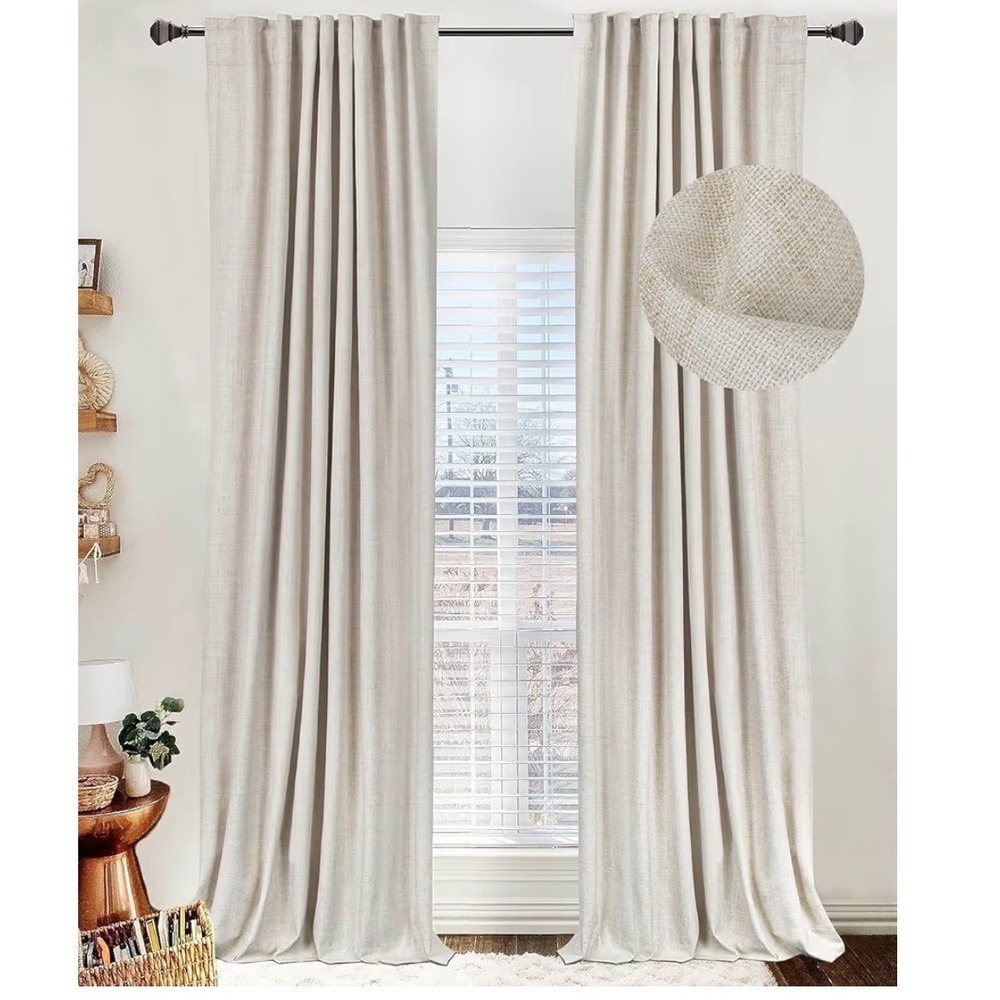 100% Blackout Shield Linen Textured Curtains 2 Panels 50x90 Cream Back Tab Rod